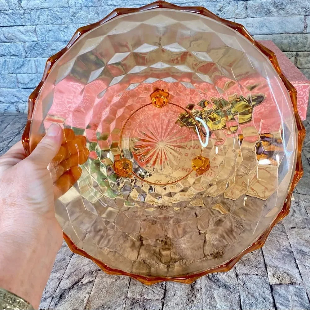 Vintage Large Pink Depression Glass Footed Bowl Cubed Pattern Salad Bowl